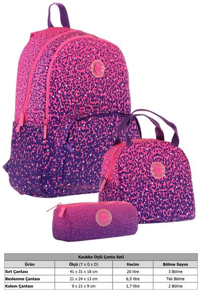 Kaukko Dots Mor Nokta Desenli Kız Çocuk Üçlü İlkokul ve Ortaokul Çanta Seti