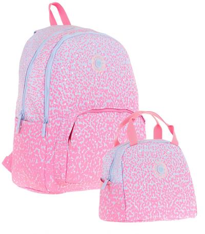 Kaukko Dots Üç Bölmeli İlkokul Çantası ve Beslenme Çantası Seti - Pembe Nokta Desenli