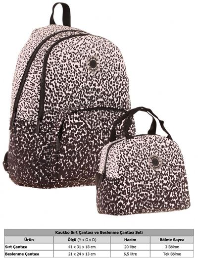 Kaukko Dots Üç Bölmeli İlkokul Çantası ve Beslenme Çantası Seti - Siyah Nokta Desenli