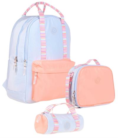 Kaukko Double Stripe Kız Çocuk İlkokul Üçlü Okul Çantası Seti - Mavi Turuncu - Çift Renk