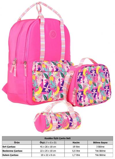 Kaukko Double Stripe Kız Çocuk İlkokul Üçlü Okul Çantası Seti - Pembe - Yaprak Desenli