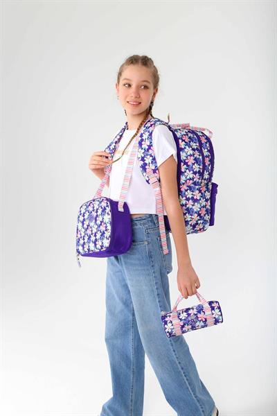 Kaukko Double Stripe Kız Çocuk İlkokul Üçlü Okul Çantası Seti - Mor - Çiçek Desenli