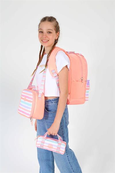 Kaukko Double Stripe Kız Çocuk İlkokul Üçlü Okul Çantası Seti - Somon - Çizgi Desenli