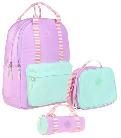 Kaukko Double Stripe Kız Çocuk İlkokul Üçlü Okul Çantası Seti - Lila - Çift Renk
