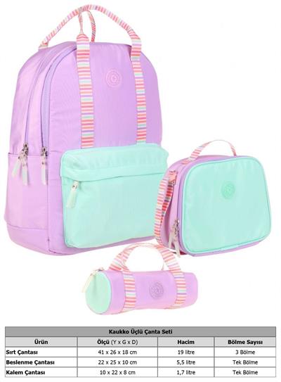 Kaukko Double Stripe Kız Çocuk İlkokul Üçlü Okul Çantası Seti - Lila - Çift Renk