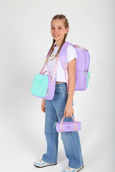 Kaukko Double Stripe Kız Çocuk İlkokul Üçlü Okul Çantası Seti - Lila - Çift Renk