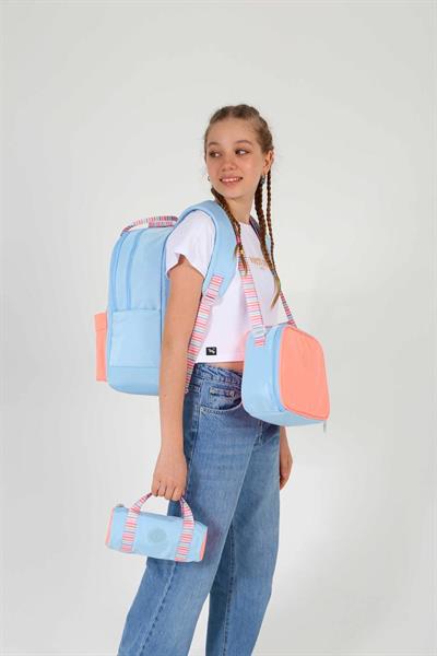 Kaukko Double Stripe Kız Çocuk İlkokul Üçlü Okul Çantası Seti - Mavi Turuncu - Çift Renk