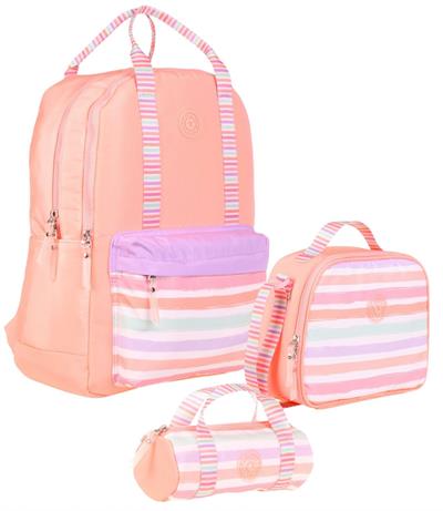 Kaukko Double Stripe Kız Çocuk İlkokul Üçlü Okul Çantası Seti - Somon - Çizgi Desenli