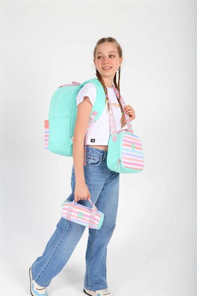 Kaukko Double Stripe Kız Çocuk İlkokul Üçlü Okul Çantası Seti - Su Yeşili Pembe - Çizgi Desenli