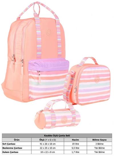 Kaukko Double Stripe Kız Çocuk İlkokul Üçlü Okul Çantası Seti - Somon - Çizgi Desenli