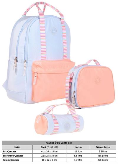 Kaukko Double Stripe Kız Çocuk İlkokul Üçlü Okul Çantası Seti - Mavi Turuncu - Çift Renk