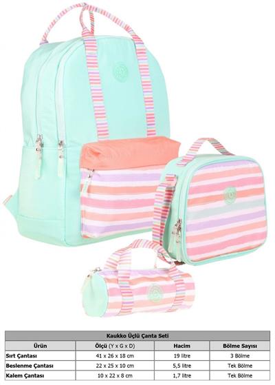 Kaukko Double Stripe Kız Çocuk İlkokul Üçlü Okul Çantası Seti - Su Yeşili Pembe - Çizgi Desenli