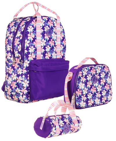Kaukko Double Stripe Kız Çocuk İlkokul Üçlü Okul Çantası Seti - Mor - Çiçek Desenli