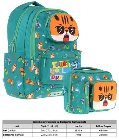 Kaukko Erkek Çocuk 3D Aslan Şekilli Yeşil Okul Sırt Çantası ve Isı Yalıtımlı Beslenme Çantası Seti