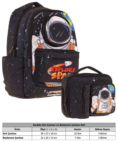 Kaukko Erkek Çocuk 3D Astronot Şekilli Siyah Okul Sırt Çantası ve Isı Yalıtımlı Beslenme Çantası Seti