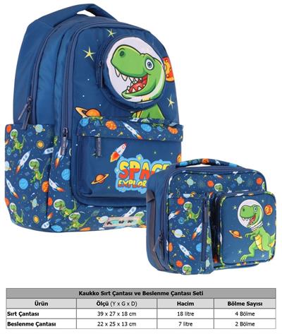 Kaukko Erkek Çocuk 3D Dinazor Şekilli Lacivert Okul Sırt Çantası ve Isı Yalıtımlı Beslenme Çantası Seti