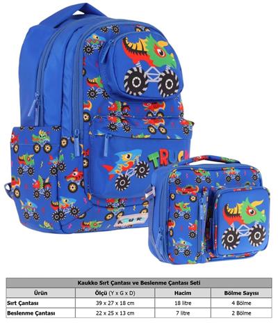 Kaukko Erkek Çocuk 3D Kamyon Şekilli Mavi Okul Sırt Çantası ve Isı Yalıtımlı Beslenme Çantası Seti