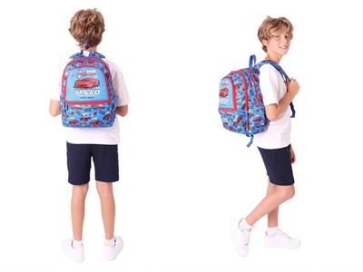 Kaukko Erkek Çocuk Dört Gözlü Okul Çantası ve Üç Gözlü Kalem Çantası Seti - Mavi Kırmızı - Yarış Arabası (L5268+L8268)