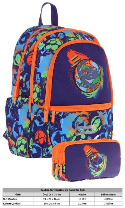 Kaukko Erkek Çocuk Dört Gözlü Okul Çantası ve Üç Gözlü Kalem Çantası Seti - Lacivert Turuncu - Futbol Topu (L5269+L8269)
