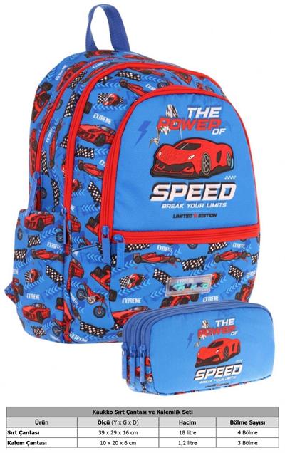 Kaukko Erkek Çocuk Dört Gözlü Okul Çantası ve Üç Gözlü Kalem Çantası Seti - Mavi Kırmızı - Yarış Arabası (L5268+L8268)