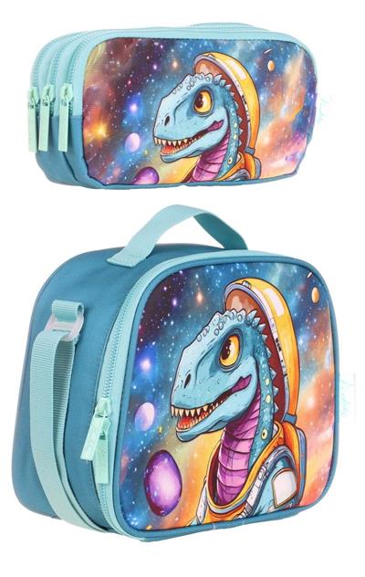 Kaukko Erkek Çocuk Isı Yalıtımlı Beslenme Çantası ve Kalemlik Seti - Turkuaz Dinazor