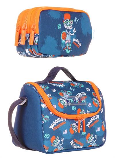 Kaukko Erkek Çocuk Isı Yalıtımlı Beslenme Çantası ve Kalemlik Seti - Mavi Turuncu Basketbol