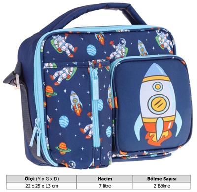 Kaukko Erkek Çocuk, Lacivert, Roket Baskılı Isı Yalıtımlı Üç Bölmeli (Matara Cepli) Okul Beslenme Çantası L7260