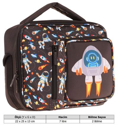 Kaukko Erkek Çocuk, Siyah, Roket Baskılı Isı Yalıtımlı Üç Bölmeli (Matara Cepli) Okul Beslenme Çantası L7264