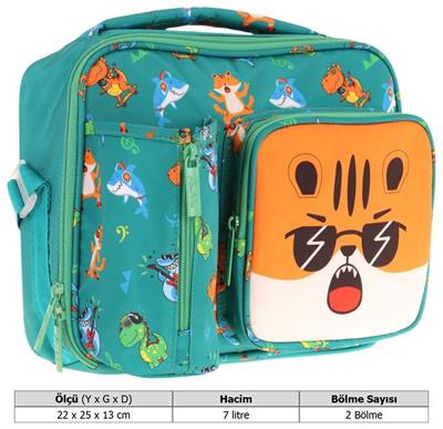 Kaukko Erkek Çocuk, Yeşil Turuncu, Aslan Baskılı Isı Yalıtımlı Üç Bölmeli (Matara Cepli) Okul Beslenme Çantası L7254