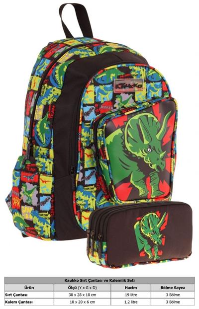 Kaukko Erkek Çocuklar İçin Okul Sırt Çantası (L5263) ve Üç Bölmeli Kalemlik (L8263) Seti - Siyah Yeşil - 3D Gergedan Detaylı
