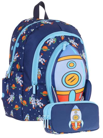 Kaukko Erkek Çocuklar İçin Okul Sırt Çantası (L5260) ve Üç Bölmeli Kalemlik (L8260) Seti - Lacivert - Roket Detaylı
