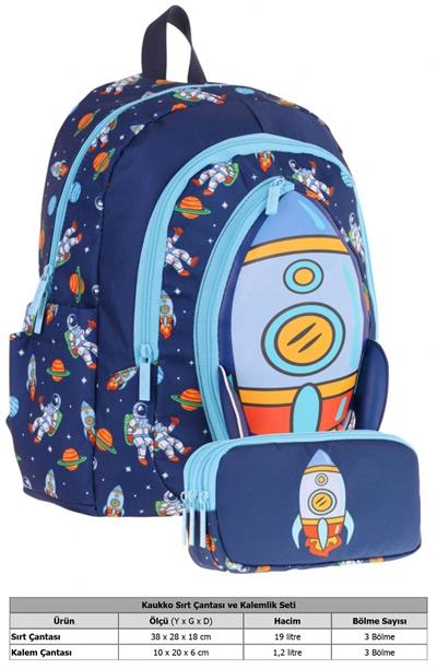 Kaukko Erkek Çocuklar İçin Okul Sırt Çantası (L5260) ve Üç Bölmeli Kalemlik (L8260) Seti - Lacivert - Roket Detaylı