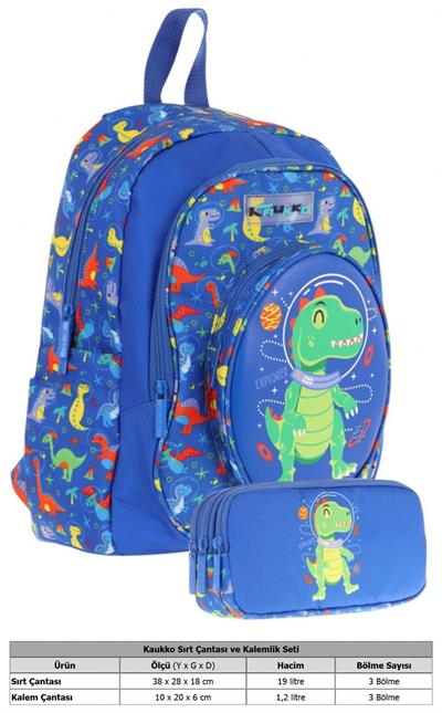 Kaukko Erkek Çocuklar İçin Okul Sırt Çantası (L5262) ve Üç Bölmeli Kalemlik (L8262) Seti - Mavi Yeşil - 3D Dinazor Detaylı