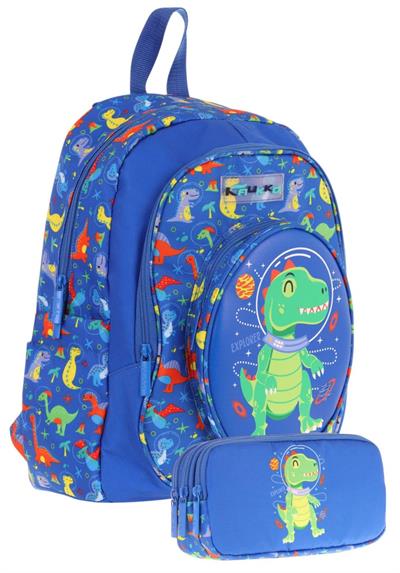 Kaukko Erkek Çocuklar İçin Okul Sırt Çantası (L5262) ve Üç Bölmeli Kalemlik (L8262) Seti - Mavi Yeşil - 3D Dinazor Detaylı