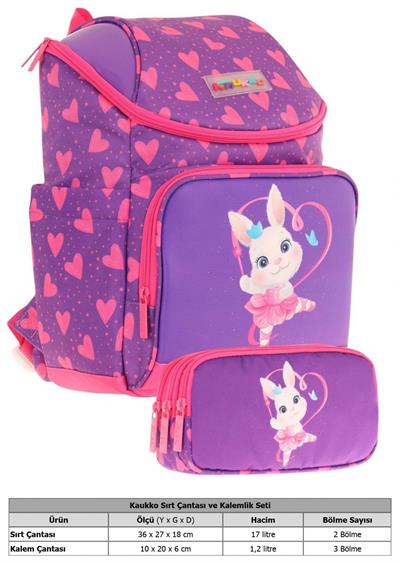 Kaukko Fuşya Mor, Kalpli Tavşan, Kız Çocuk Okul Çantası ve Kalem Çantası Seti - L5246+L8246