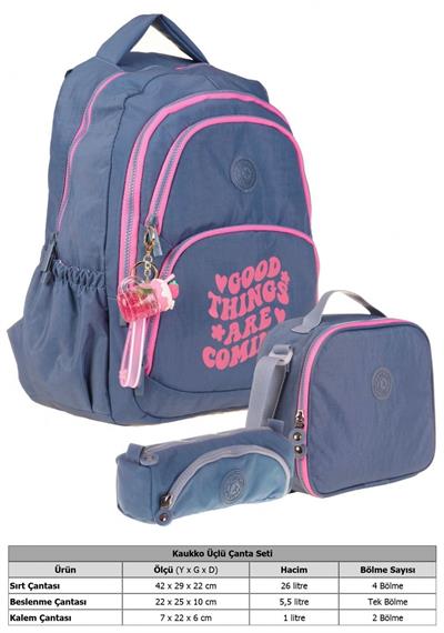 Kaukko Gri Pembe Kız Çocuk Üçlü Okul Çanta Seti - Krinkıl Kumaş - K1687+K9011+K2516