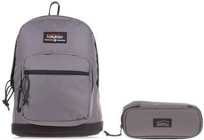 Kaukko Gri Üç Bölmeli Okul Günlük Sırt Çantası ve Kalemlik Seti