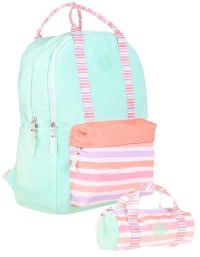 Kaukko İkili Okul Çantası Seti - Okul Çantası+Kalemlik - Su Yeşili Pembe - Çizgi Desenli - Kız Çocuklar İçin