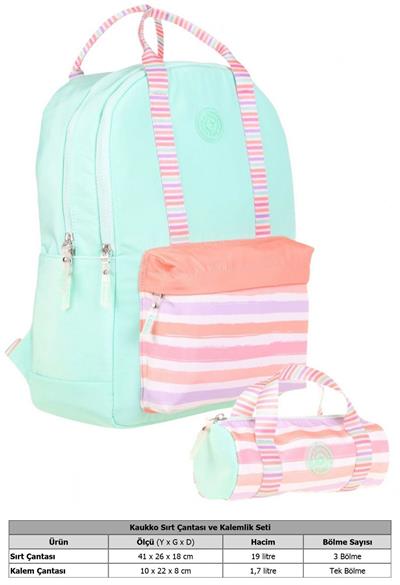 Kaukko İkili Okul Çantası Seti - Okul Çantası+Kalemlik - Su Yeşili Pembe - Çizgi Desenli - Kız Çocuklar İçin