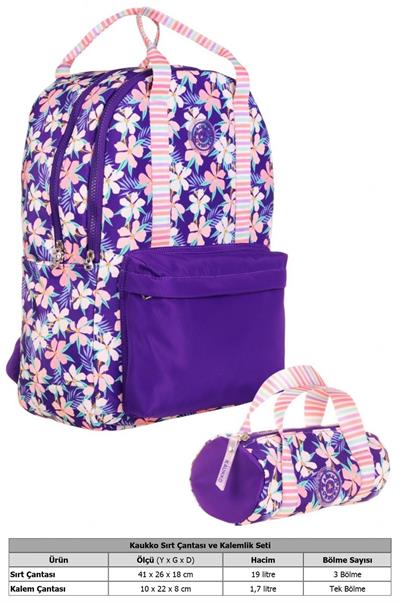 Kaukko İkili Okul Çantası Seti - Okul Çantası+Kalemlik - Mor - Çiçek Desenli - Kız Çocuklar İçin