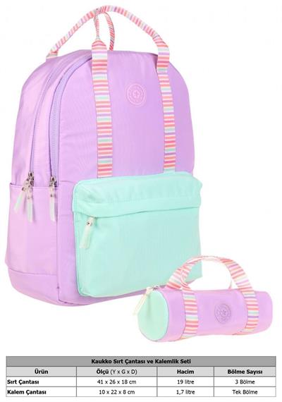 Kaukko İkili Okul Çantası Seti - Okul Çantası+Kalemlik - Lila - Çift Renk - Kız Çocuklar İçin