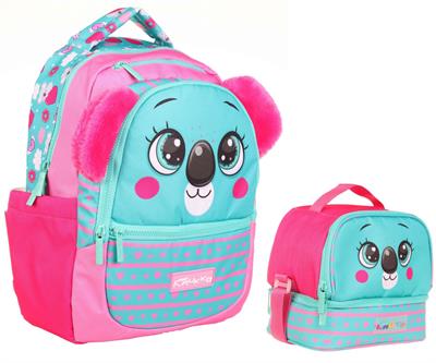 Kaukko Kids Sevimli Koala Şekilli Kız Çocuk Okul Çantası ve Beslenme Çantası Seti - Yeşil Kırmızı