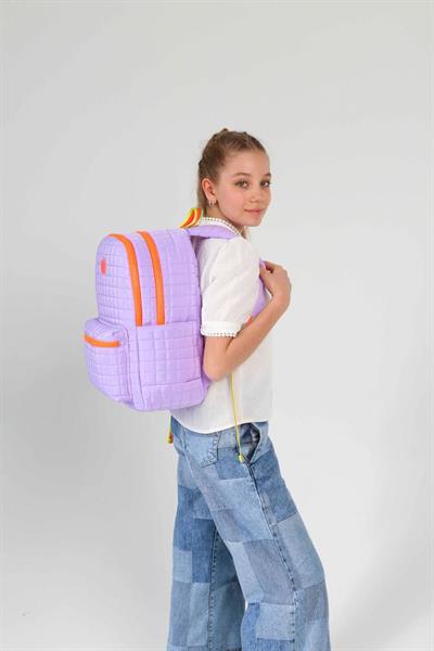 Kaukko Kız Çocuk Kapitone Detaylı Mor Turuncu Okul Çantası ve Kalemlik Seti(K1772+K9047)