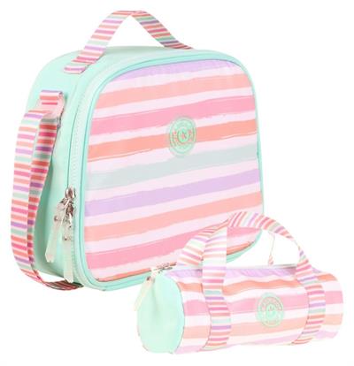 Kaukko Isı Yalıtımlı Beslenme Çantası ve Kalemlik Seti - Kız Çocuğuna Özel - Çizgi Desenli - Su Yeşili Pembe Renkli