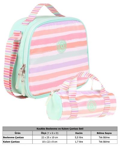 Kaukko Isı Yalıtımlı Beslenme Çantası ve Kalemlik Seti - Kız Çocuğuna Özel - Çizgi Desenli - Su Yeşili Pembe Renkli