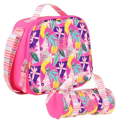 Kaukko Isı Yalıtımlı Beslenme Çantası ve Kalemlik Seti - Kız Çocuğuna Özel - Yaprak Desenli - Pembe Renkli