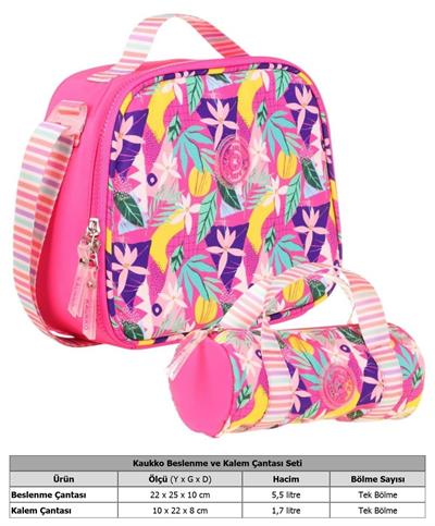 Kaukko Isı Yalıtımlı Beslenme Çantası ve Kalemlik Seti - Kız Çocuğuna Özel - Yaprak Desenli - Pembe Renkli