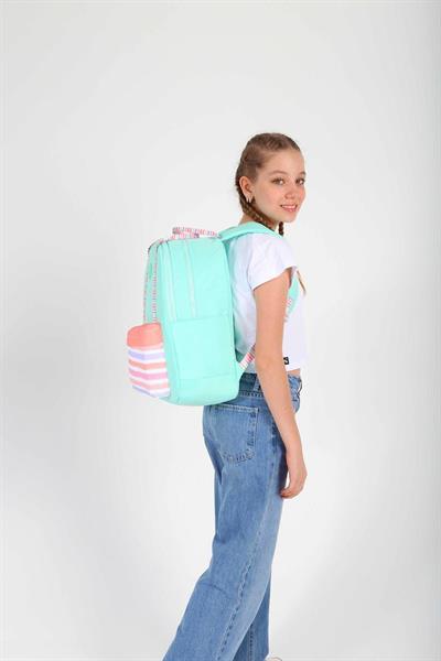 Kaukko K1767 Kız Çocuk/Kadın (Su Yeşili Pembe - Çizgi Desenli) Okul ve Günlük Sırt Çantası