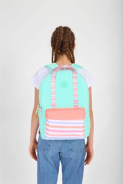 Kaukko K1767 Kız Çocuk/Kadın (Su Yeşili Pembe - Çizgi Desenli) Okul ve Günlük Sırt Çantası