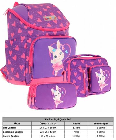 Kaukko (Kalpli Tavşan Desenli - Pembe Mor) Kız Çocuk İki Bölmeli Okul Çanta Seti (Üçlü)